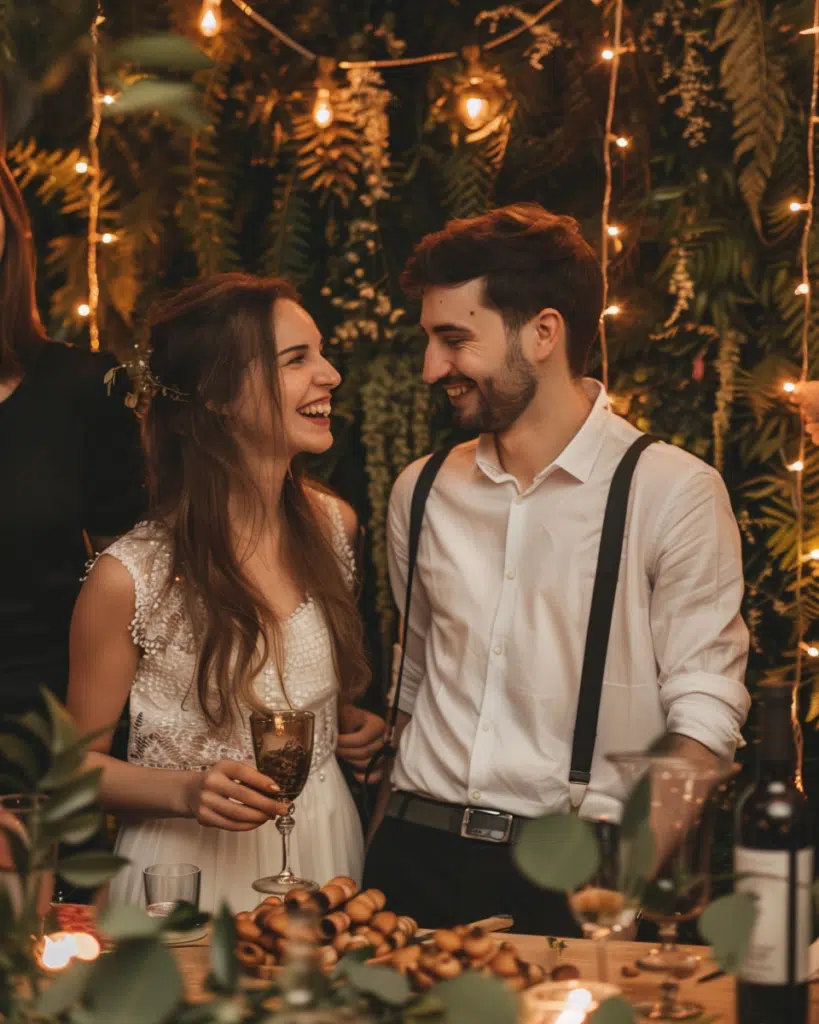 Un couple souriant partage un moment lors d'une fête de mariage avec une ambiance lumineuse et végétale, des guirlandes de lumières et de la décoration naturelle en arrière-plan.