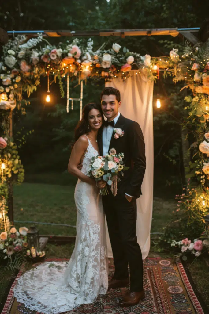 Un couple de mariés souriant sous une arche florale illuminée lors d'une cérémonie de mariage en plein air, avec des fleurs et des guirlandes lumineuses créant une ambiance romantique.