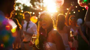 Groupe de personnes lors d'une fête de mariage en plein air, une femme souriante portant des lunettes de soleil et un diadème, entourée de décorations festives et éclairée par une lumière dorée du soleil couchant.