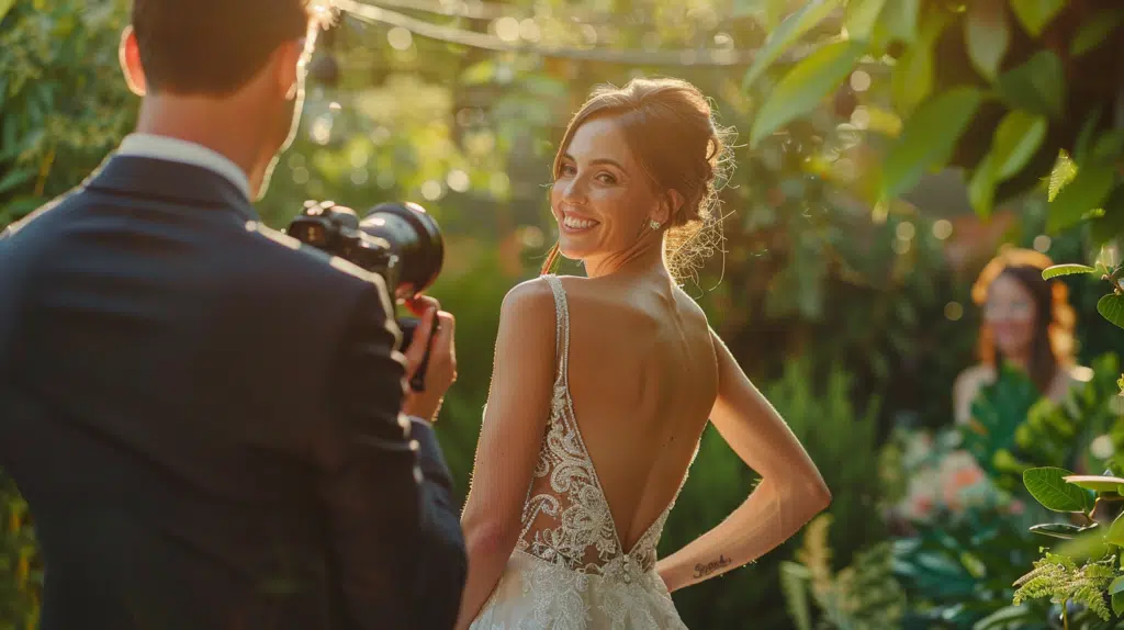 Mariée souriante en robe de mariée à dos nu, posant pour un photographe dans un jardin ensoleillé avec un fond verdoyant.