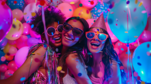 Trois femmes souriantes portant des lunettes de soleil colorées, entourées de ballons multicolores et de confettis dans une ambiance festive et lumineuse, parfait pour un photobooth lors d'un événement.