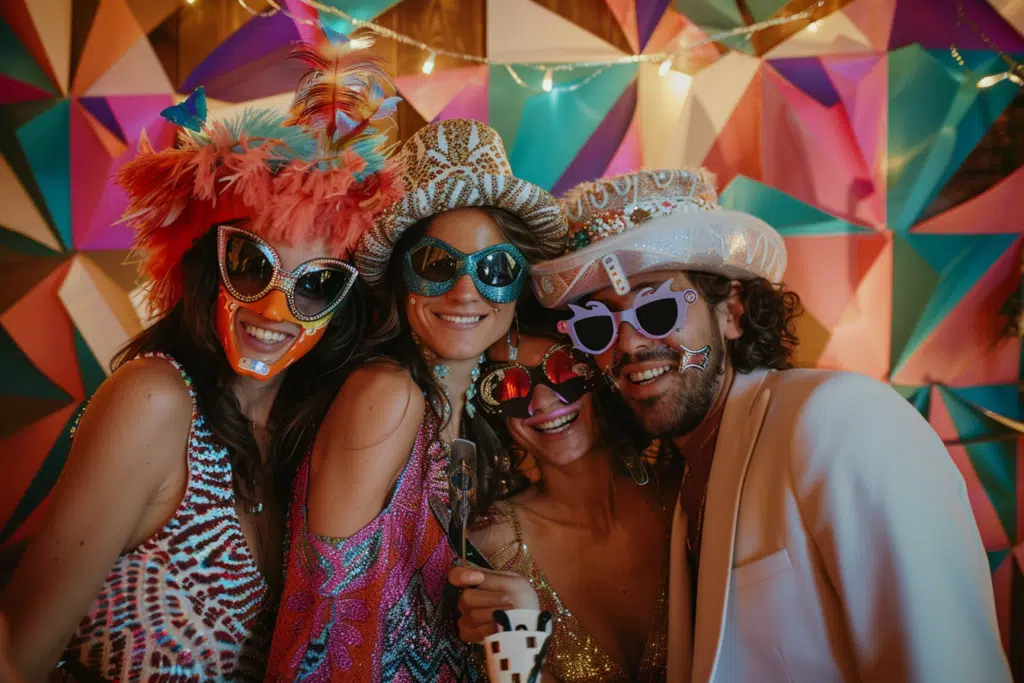 Des invités posant devant un photobooth lors d'une soirée de Carnaval