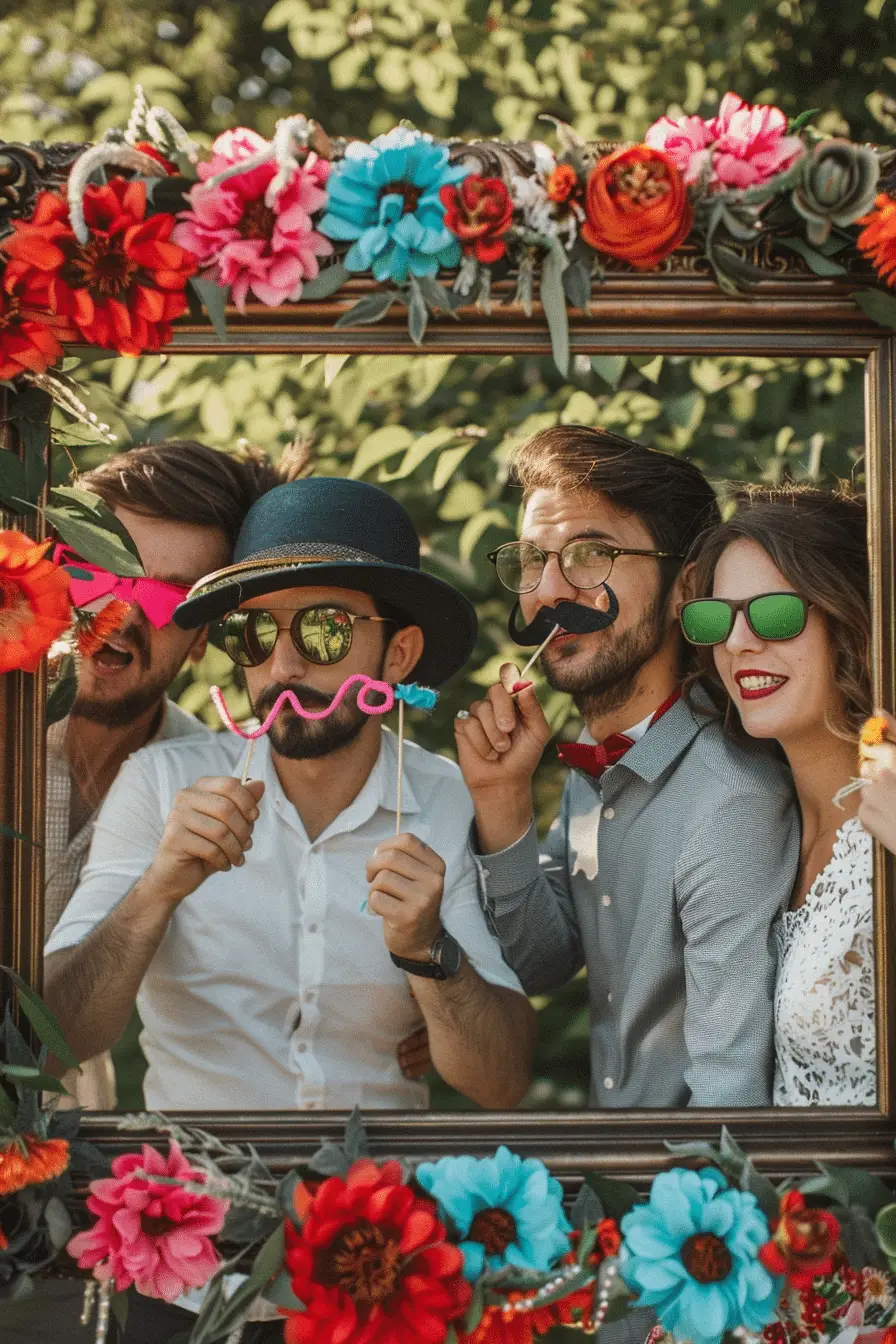 Quatre personnes posant dans un cadre décoré de grandes fleurs colorées, portant des accessoires de photobooth comme des lunettes et des moustaches en carton, lors d'un événement en plein air.